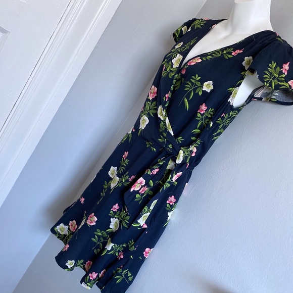 Xhilaration Floral Flounce Faux Wrap Dress Navy S - Picture 3 of 5
